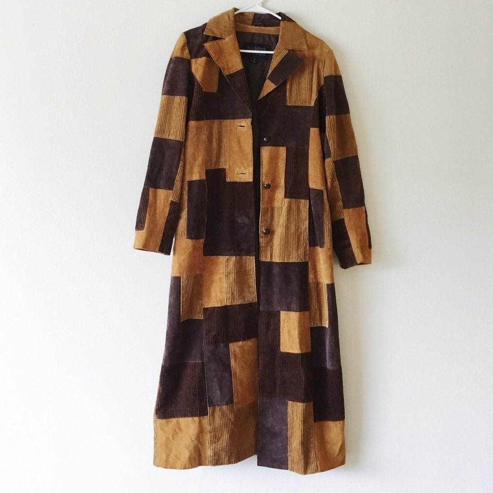 Brown patch work leather trench coat vintage.
